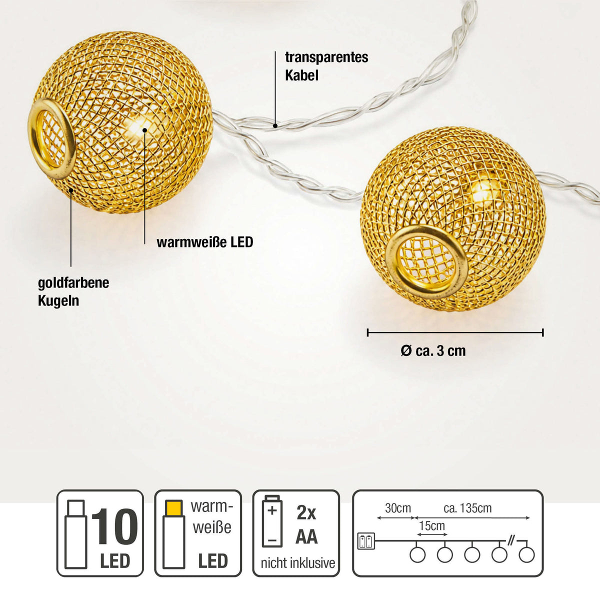 LED Lichterkette mit goldenen Metallbällen innen, 10 LED warmweiß, 1,35 m beleuchtet, transparentes Kabel, batteriebetrieben