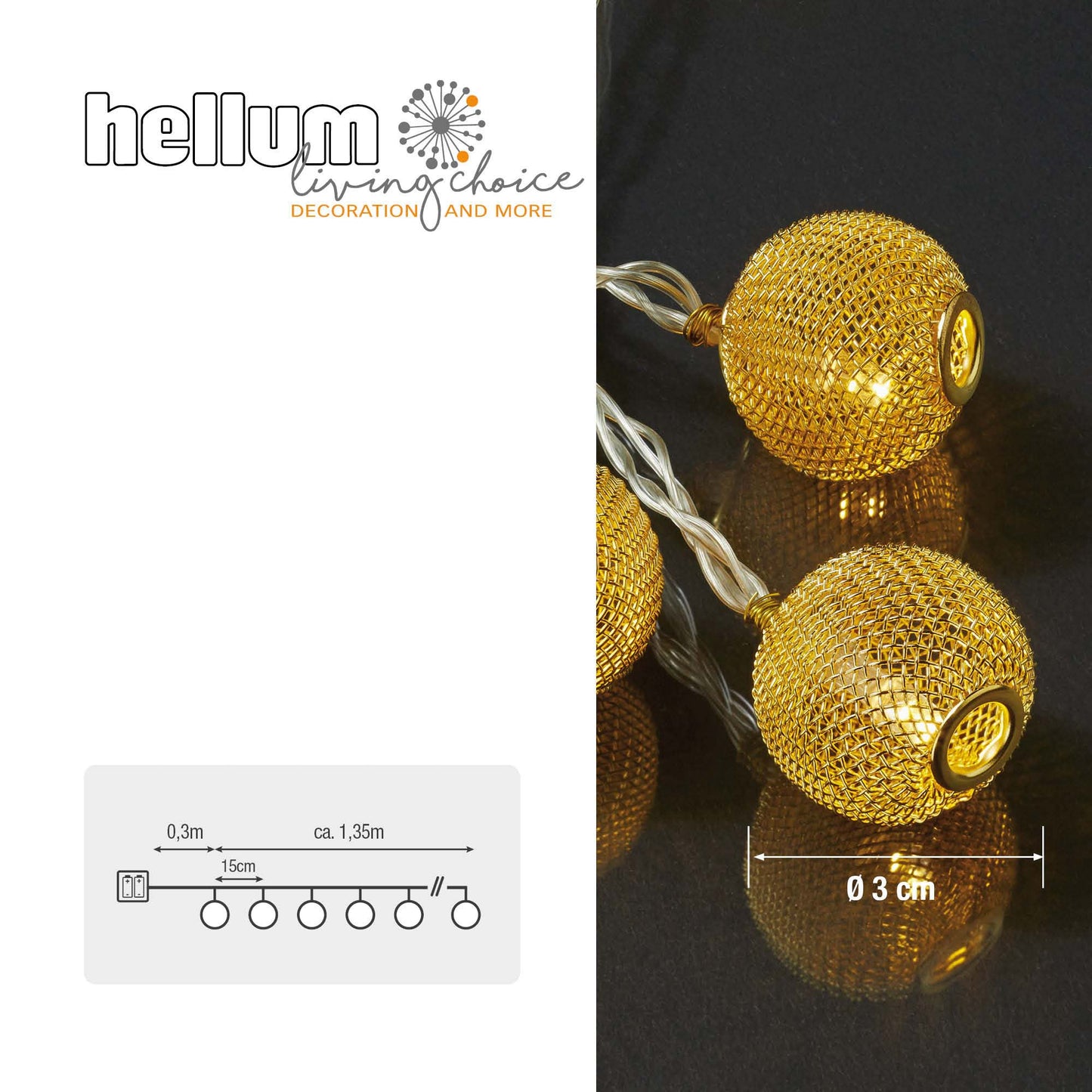 LED-Lichterkette mit goldenen Metallbällen, 10 LEDs ww, batteriebetrieben 300314