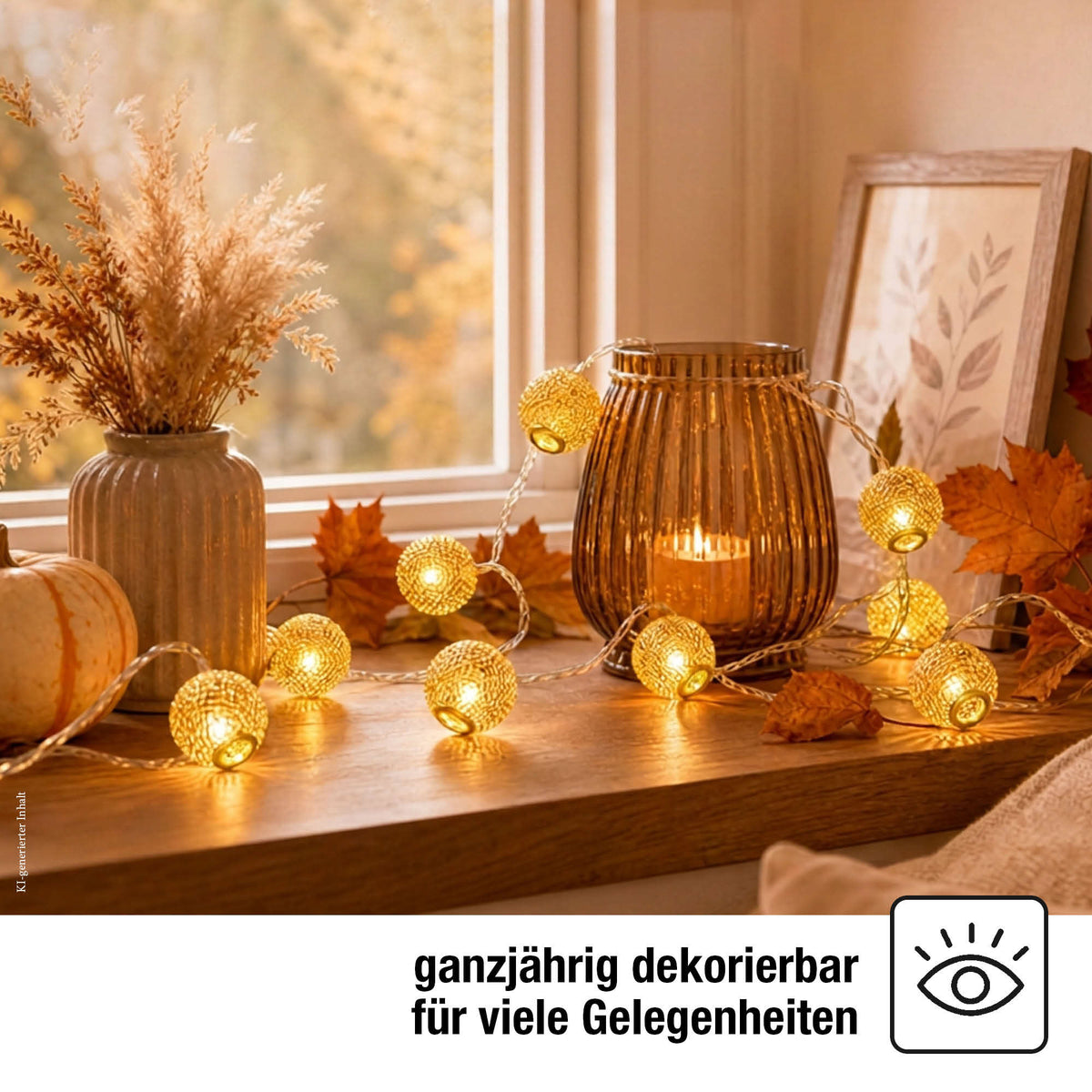 LED Lichterkette mit goldenen Metallbällen innen, 10 LED warmweiß, 1,35 m beleuchtet, transparentes Kabel, batteriebetrieben