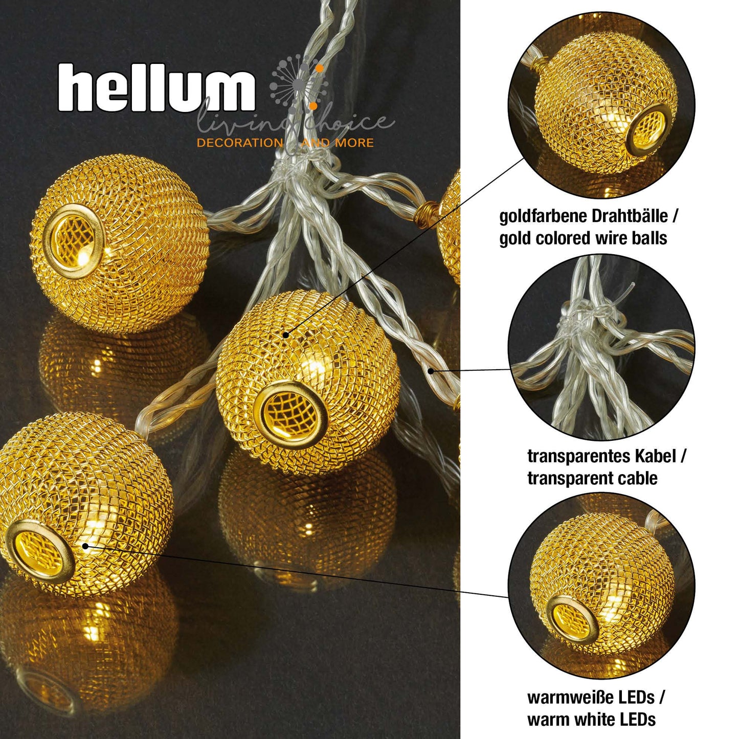 LED-Lichterkette mit goldenen Metallbällen, 10 LEDs ww, batteriebetrieben 300314