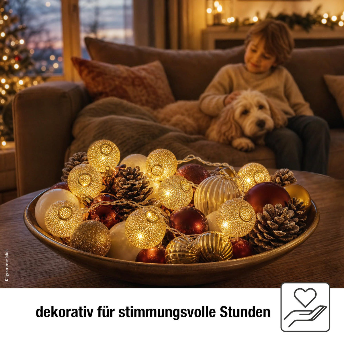 LED Lichterkette mit goldenen Metallbällen innen, 10 LED warmweiß, 1,35 m beleuchtet, transparentes Kabel, batteriebetrieben