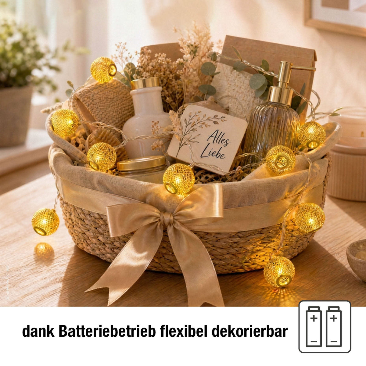 LED Lichterkette mit goldenen Metallbällen innen, 10 LED warmweiß, 1,35 m beleuchtet, transparentes Kabel, batteriebetrieben