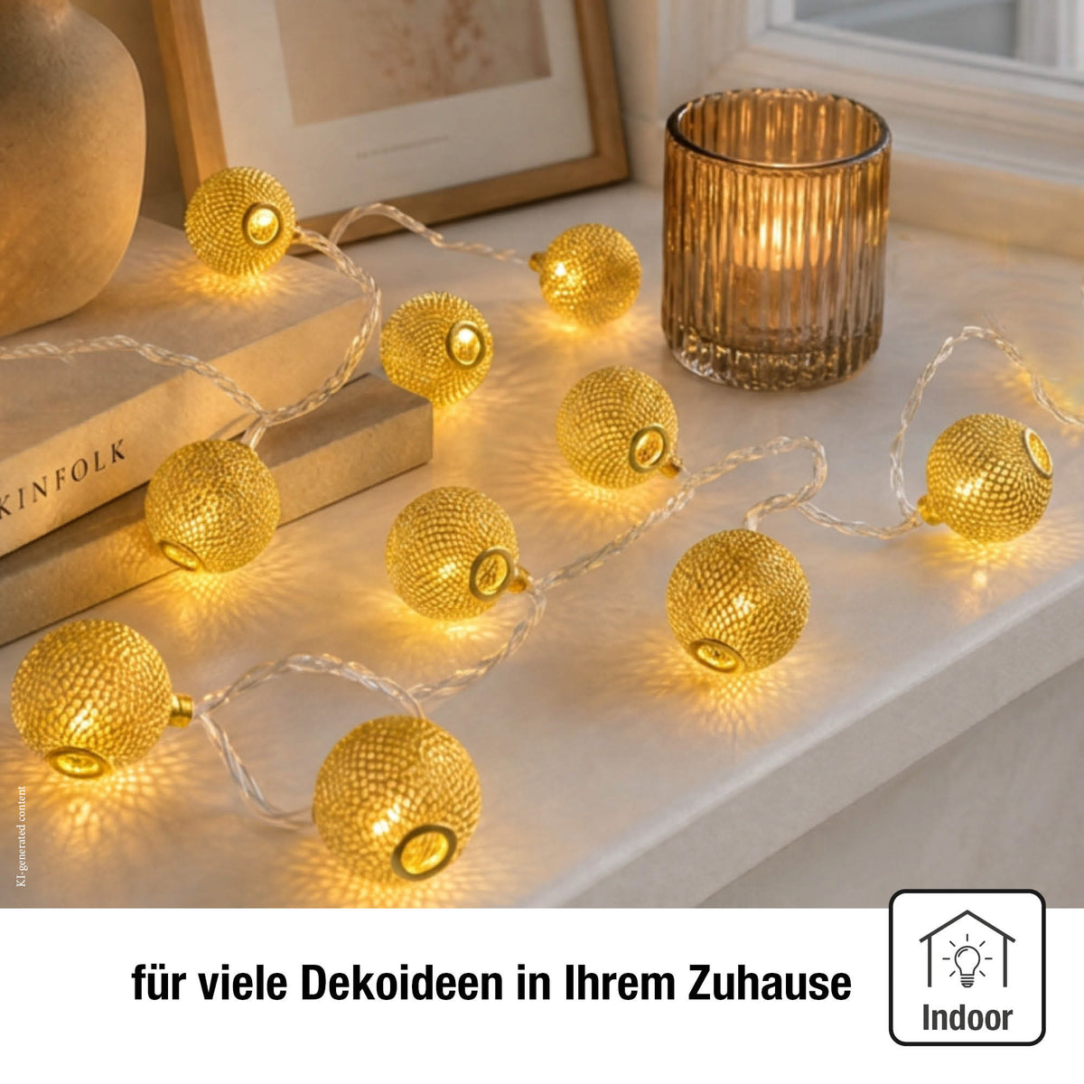 LED Lichterkette mit goldenen Metallbällen innen, 10 LED warmweiß, 1,35 m beleuchtet, transparentes Kabel, batteriebetrieben