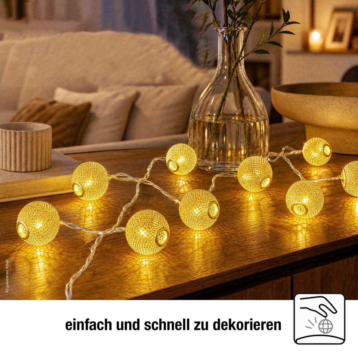 LED Lichterkette mit goldenen Metallbällen innen, 10 LED warmweiß, 1,35 m beleuchtet, transparentes Kabel, batteriebetrieben