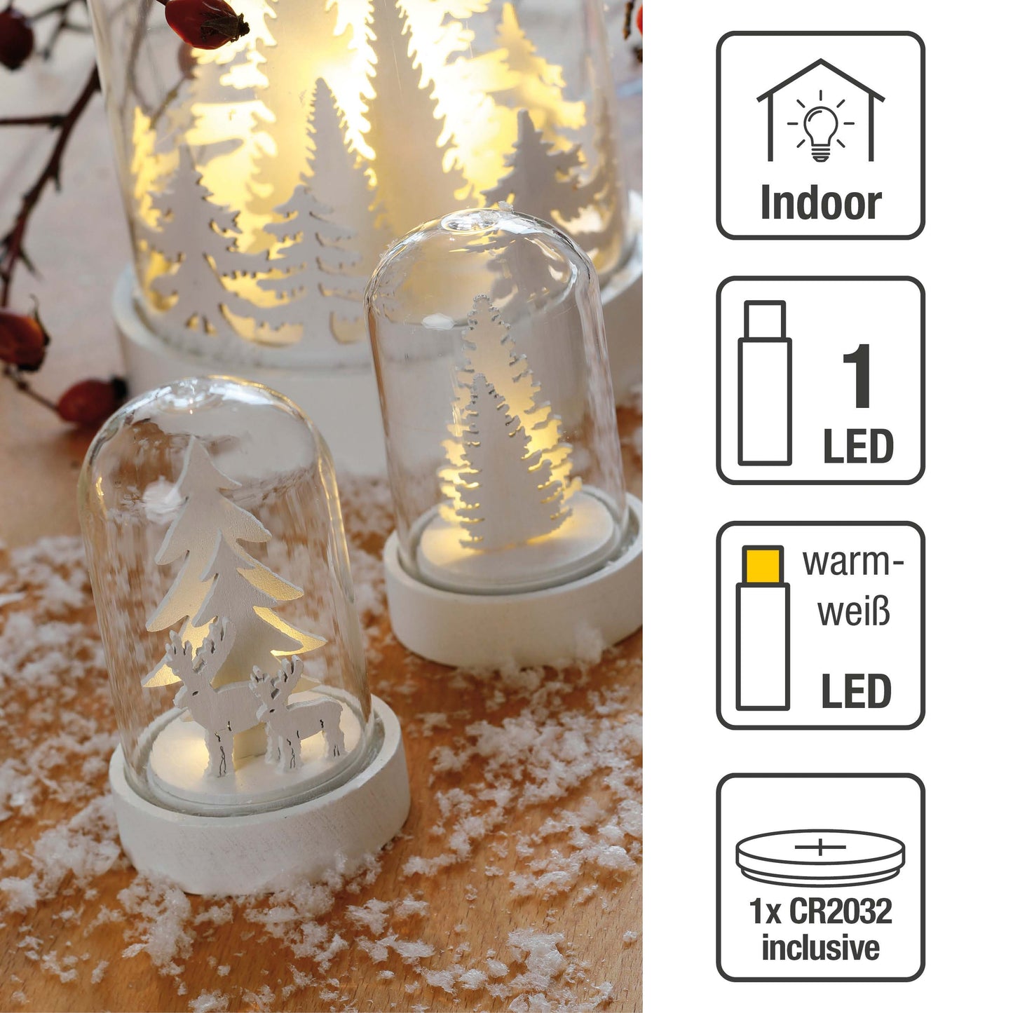 LED-Glas-Glocke mit Tannenbäumen und Rentieren, 1 LED ww, Batterien inkl.