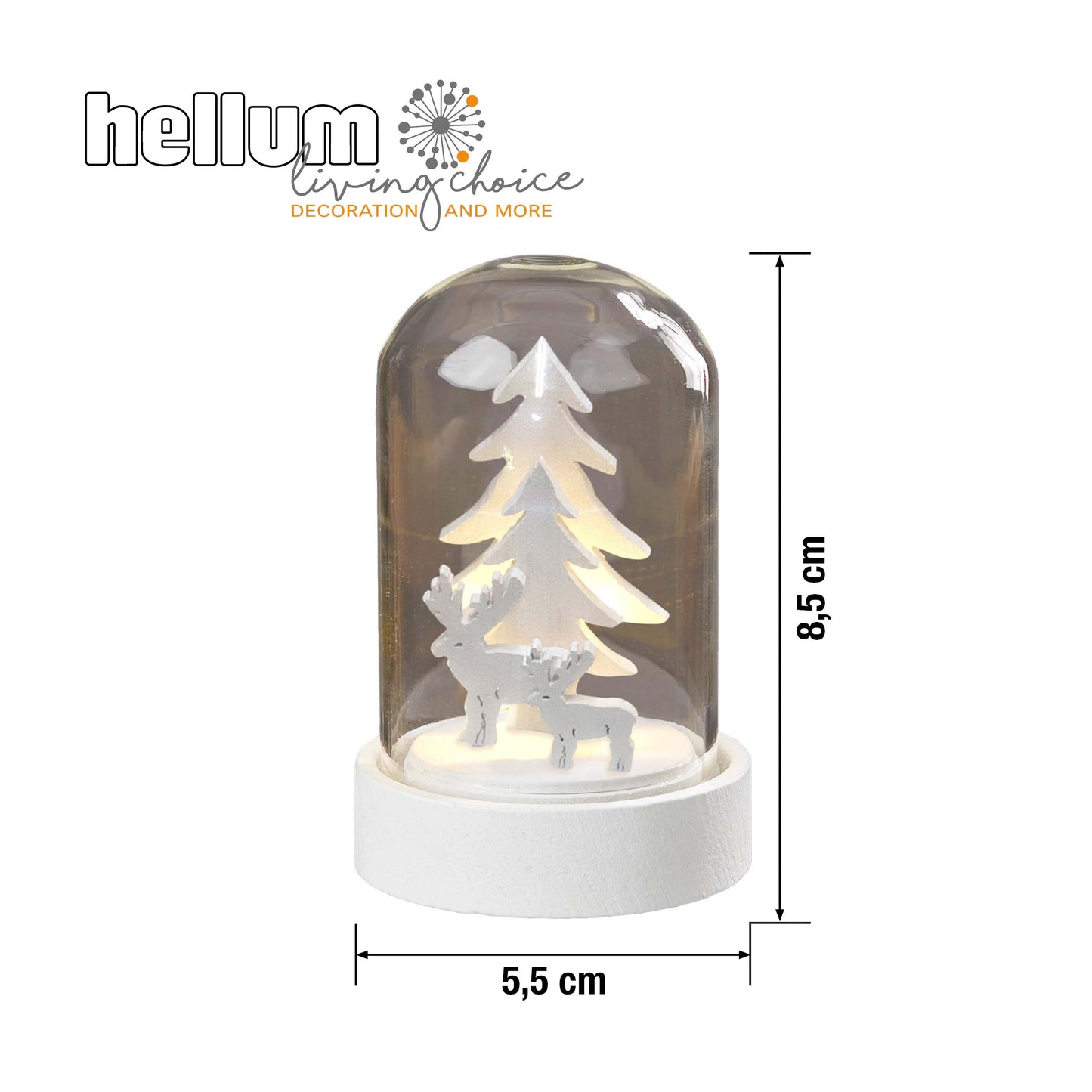 LED-Glas-Glocke mit Tannenbäumen und Rentieren, 1 LED ww, Batterien inkl.