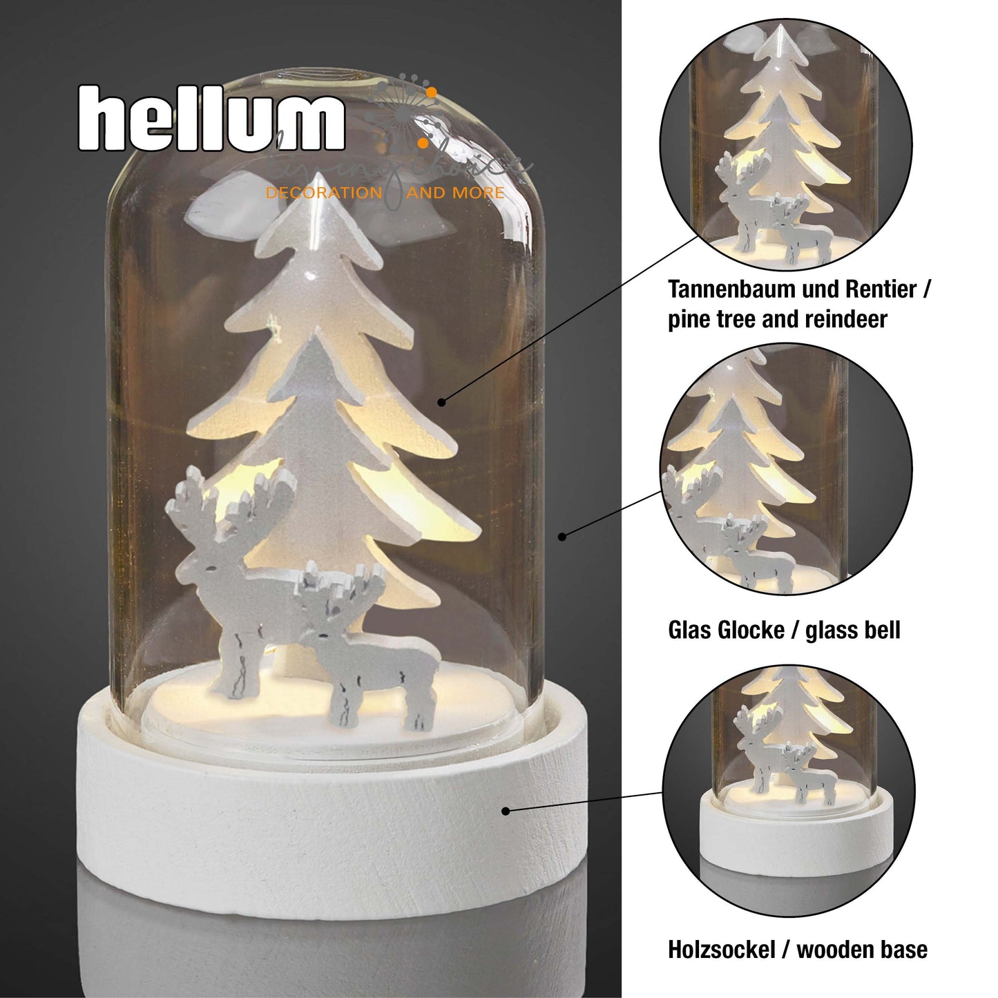 LED-Glas-Glocke mit Tannenbäumen und Rentieren, 1 LED ww, Batterien inkl.