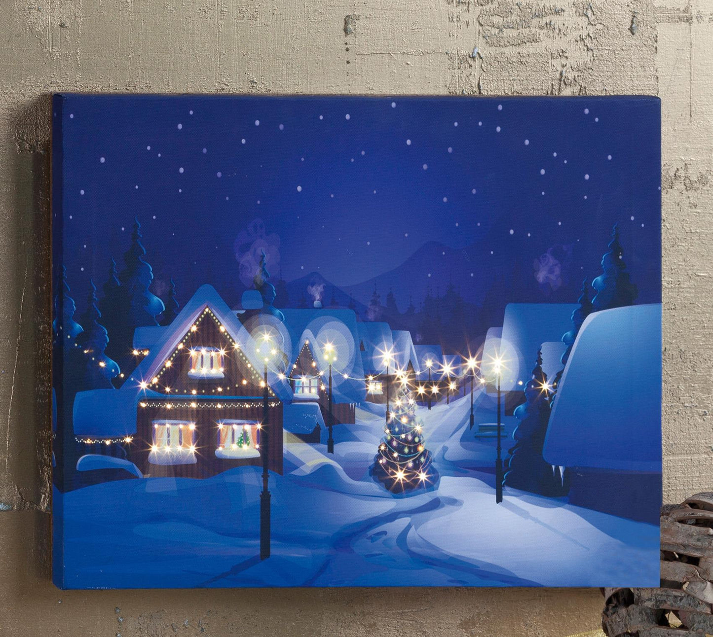 LED-Bild "Dorf im Winter", 40x30cm, 2 LEDs ww, 108 Fiberpunkte, batteriebetrieben