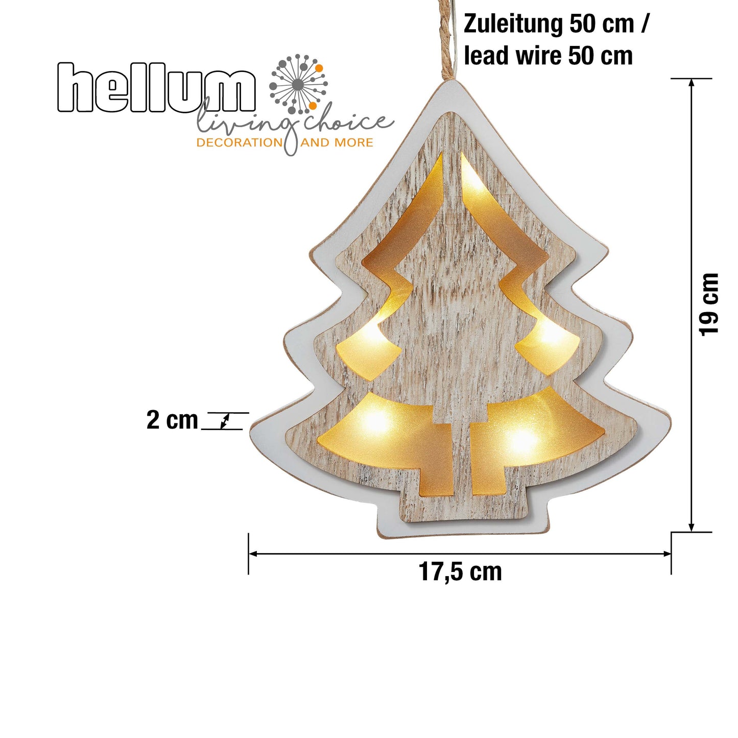 LED-Tannenbaum, weiß gebeizt, zum Hängen,, 5 LEDs ww, batteriebetrieben