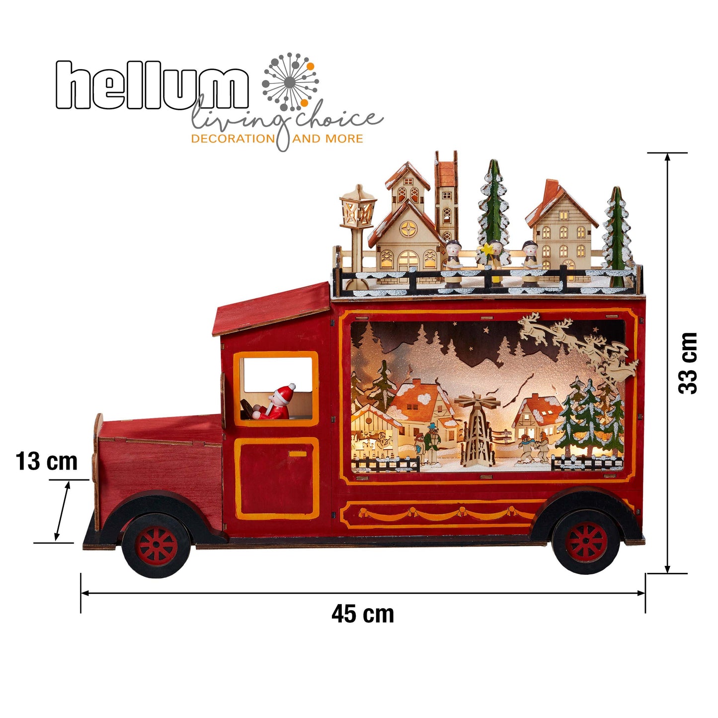 LED-Lastwagen aus Holz, rot, 2 stöckige Winterszene, 15 LEDs ww, batteriebetrieben