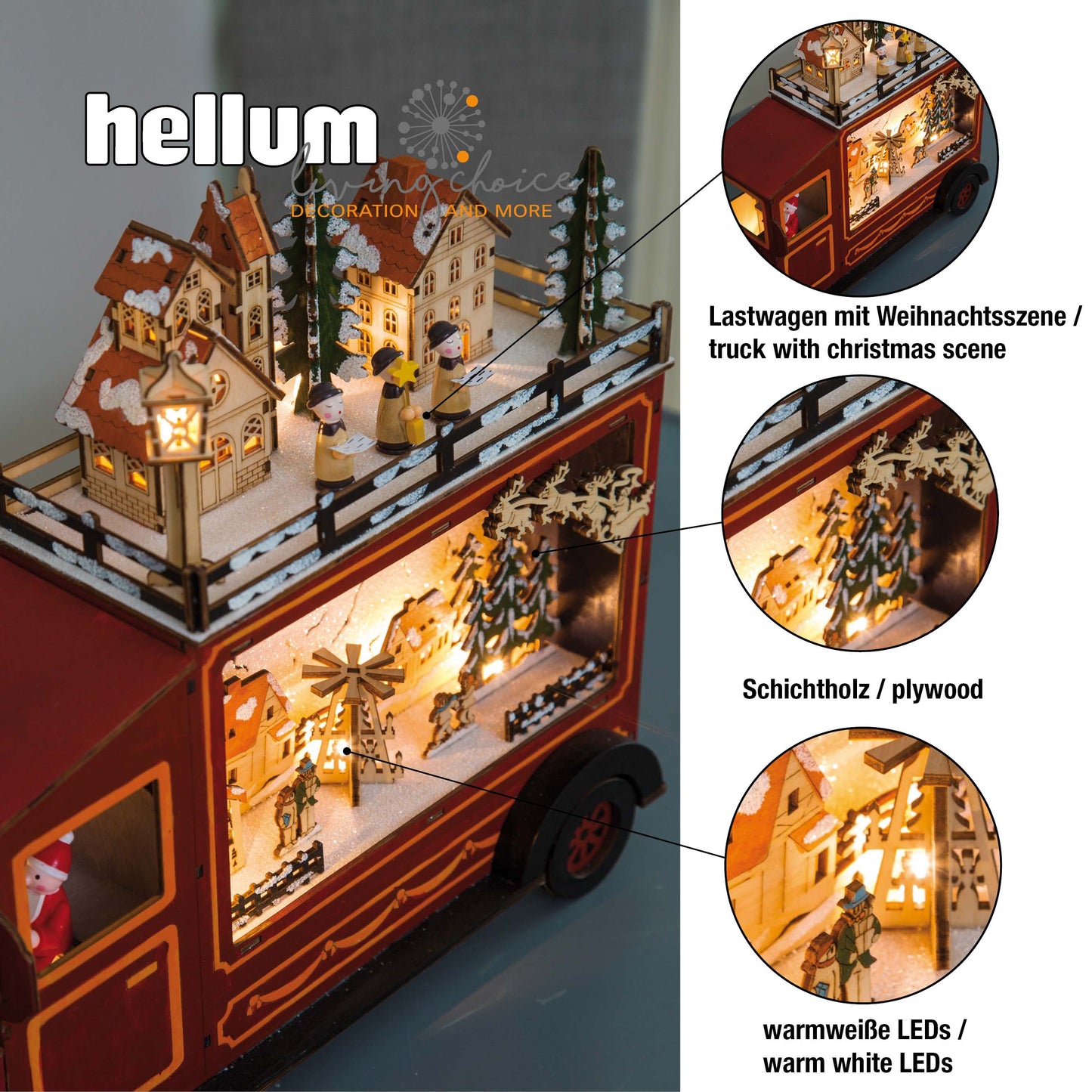 LED-Lastwagen aus Holz, rot, 2 stöckige Winterszene, 15 LEDs ww, batteriebetrieben