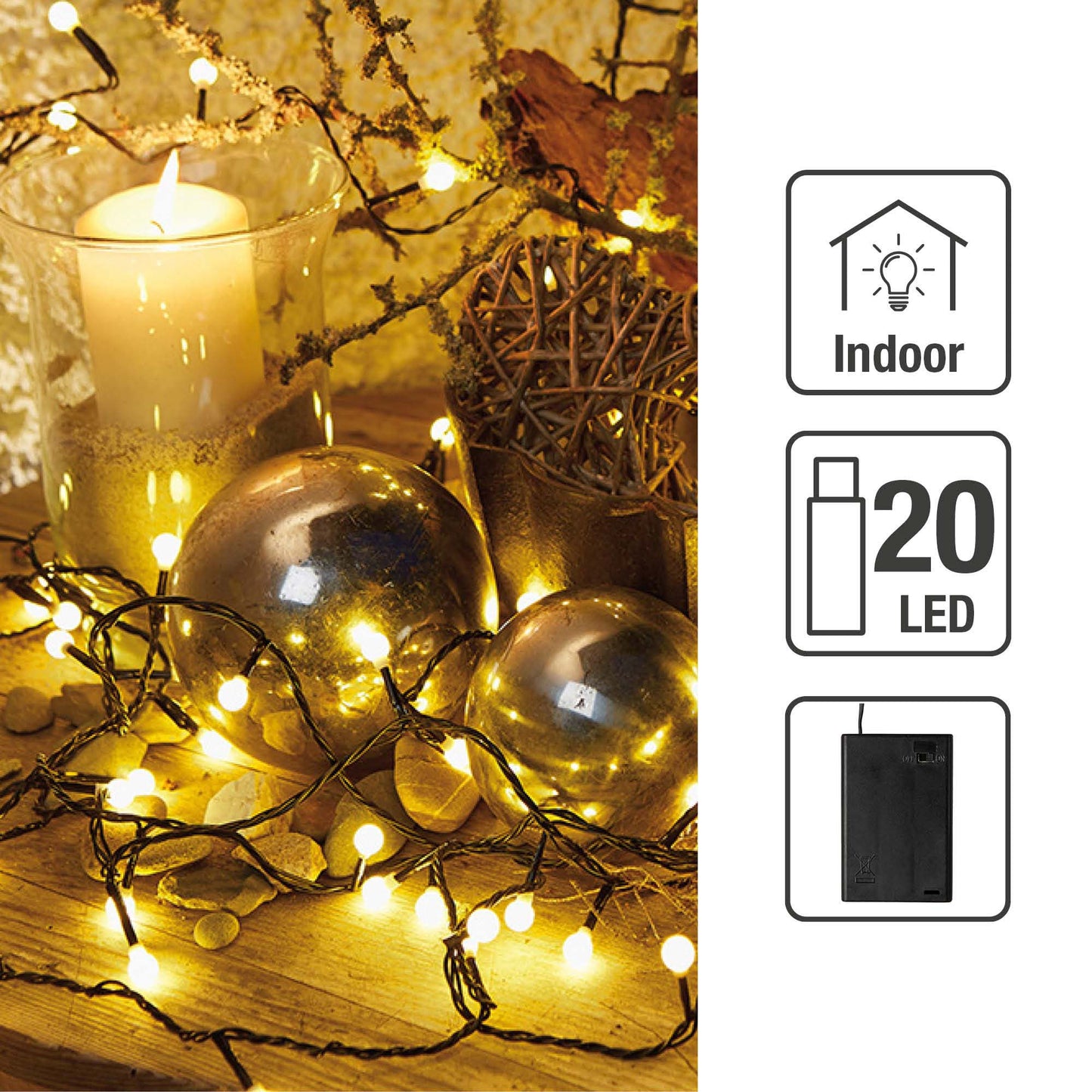 LED-Lichterkette mit Perlen, 20 LEDs ww, mit Timer, für innen, batteriebetrieben