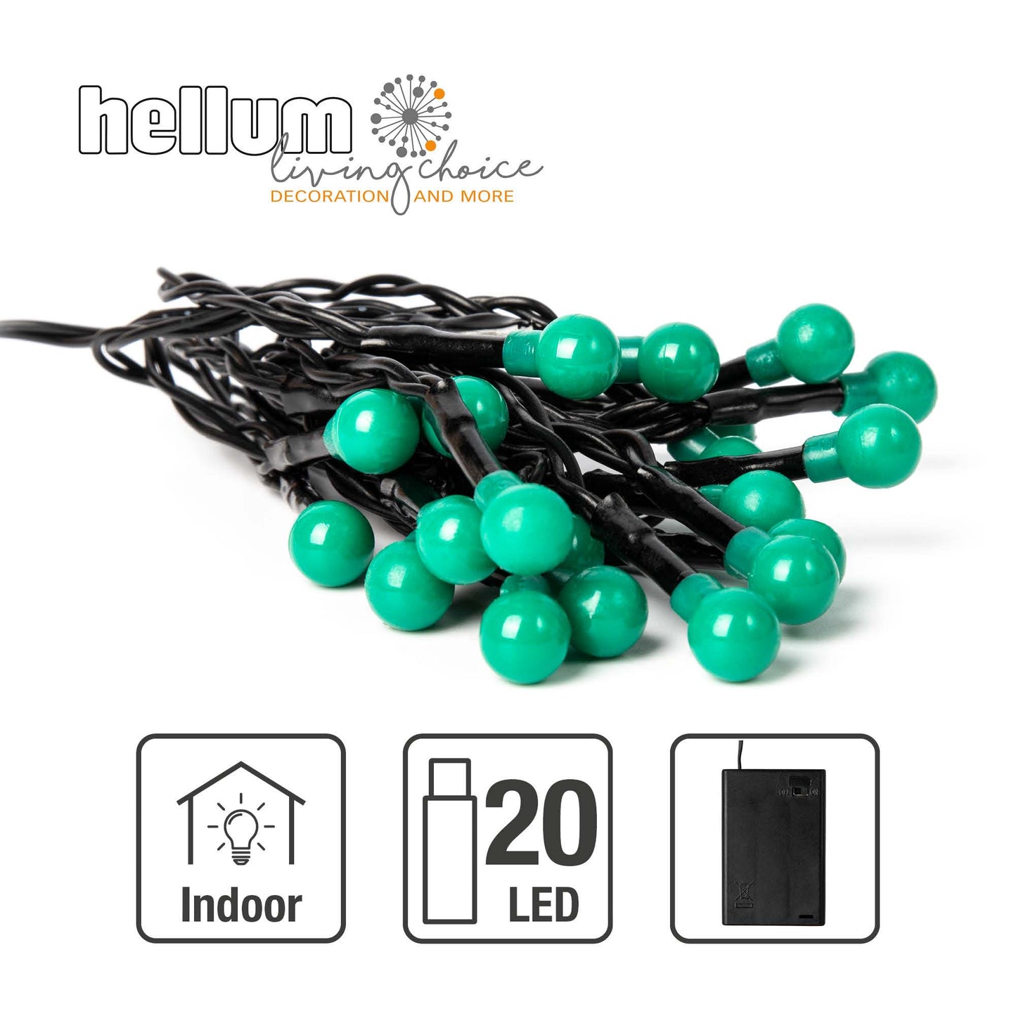 LED-Lichterkette mit Perlen, 20 LEDs grün, mit Timer, für innen, batteriebetrieben