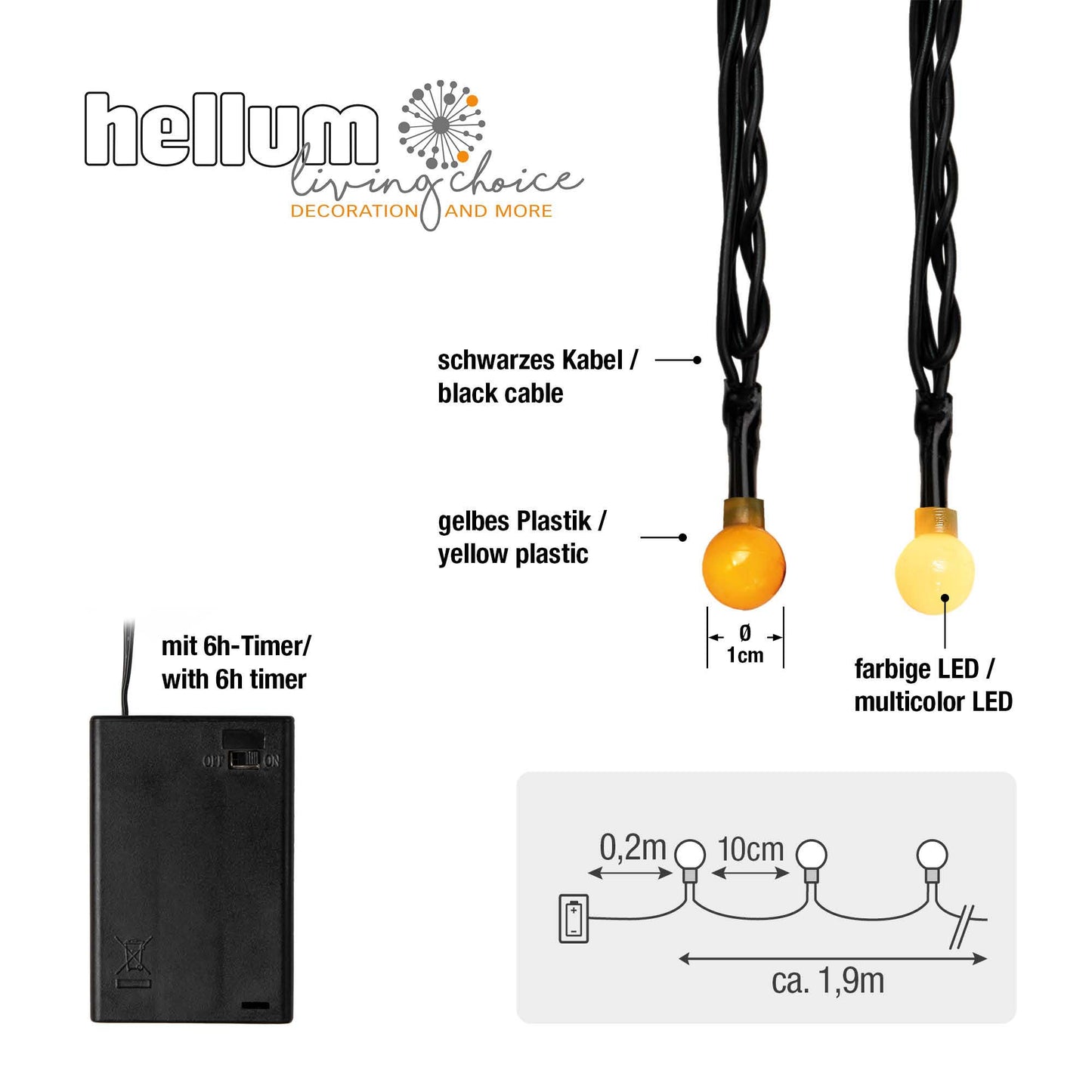 LED-Lichterkette mit Perlen, 20 LEDs gelb, mit Timer, für innen, batterbetrieben