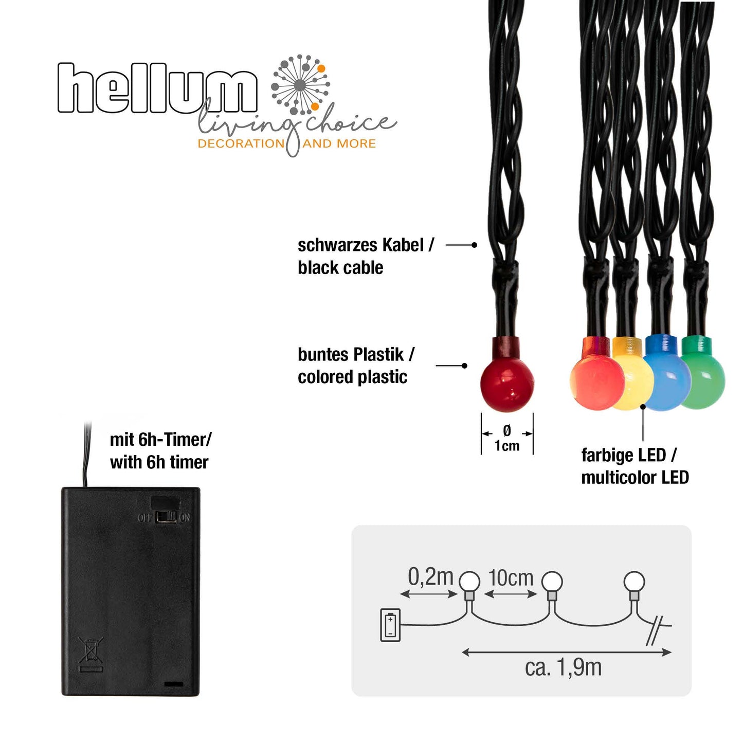 LED-Lichterkette mit Perlen, 20 LEDs multicolor, mit Timer, für innen, batteriebetrieben