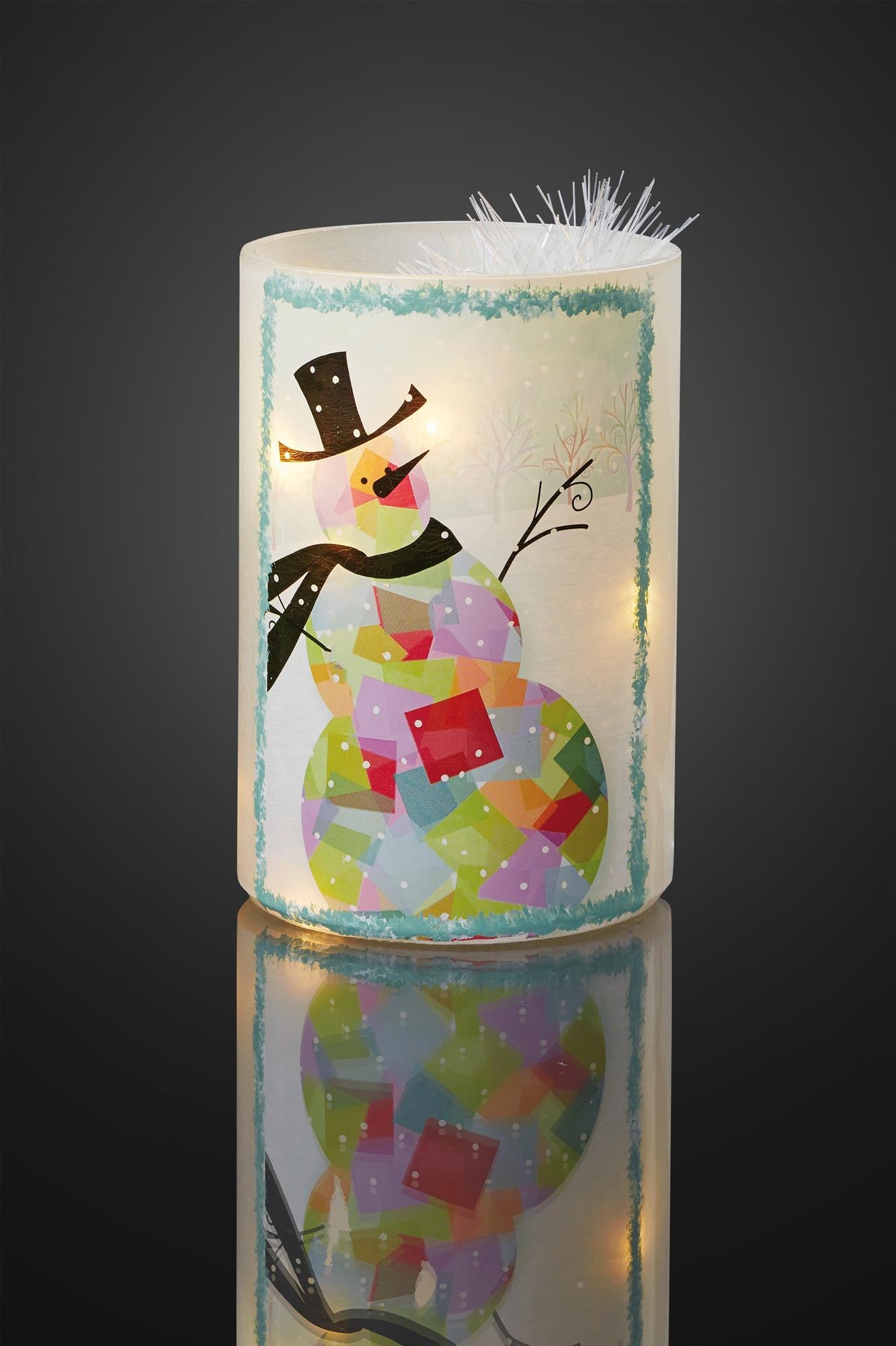 LED-Glasvase, rund “ Schneemann“, 10 LEDs, batteriebetrieben