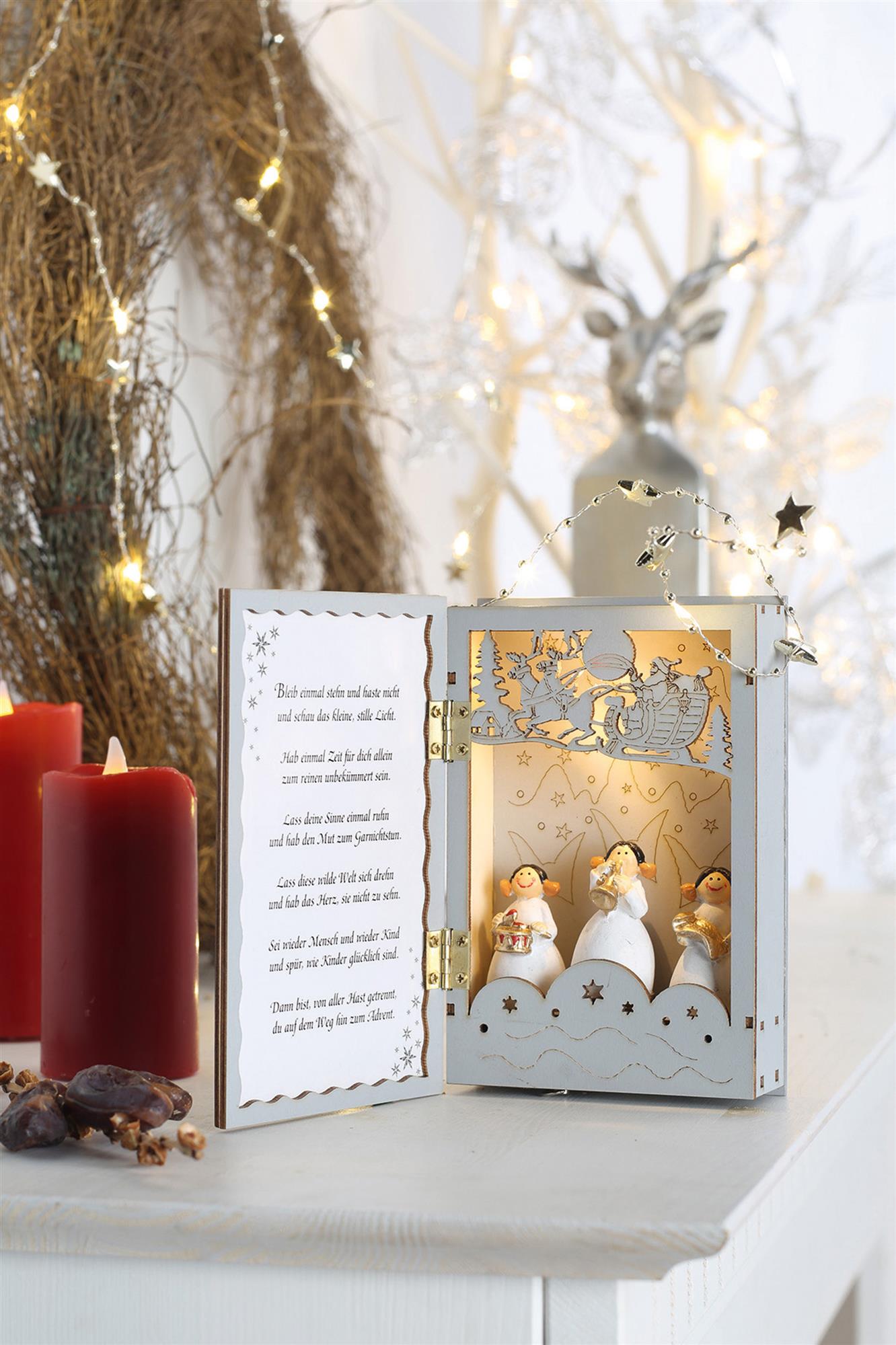 LED-Holzbuch mit Engeln und Musik, 1 LED ww, batteriebetrieben