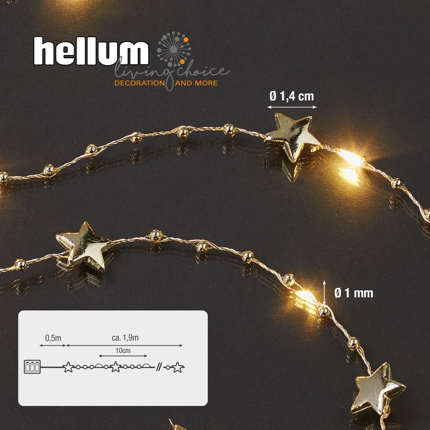 LED-Kupferkabel-Kette mit Sternen, 20 LEDs ww, batteriebetrieben