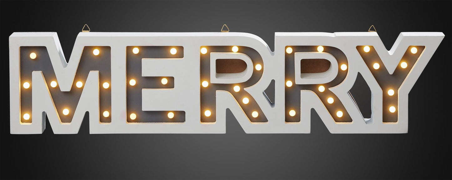LED-Schrift "Merry", 37 LEDs, ww, mit Timer, batteriebetrieben