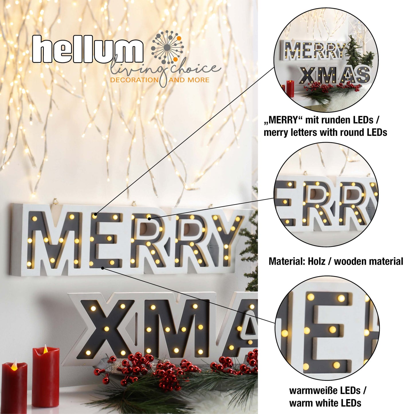 LED-Schrift "Merry", 37 LEDs, ww, mit Timer, batteriebetrieben