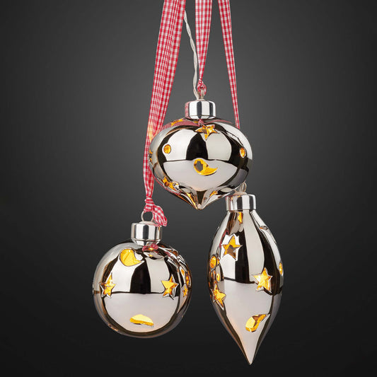 Hellum LED Keramik Aufhänger, 15 LEDs, 3er Set mit Kugeln und Tropfen, batteriebetrieben, silber 521740