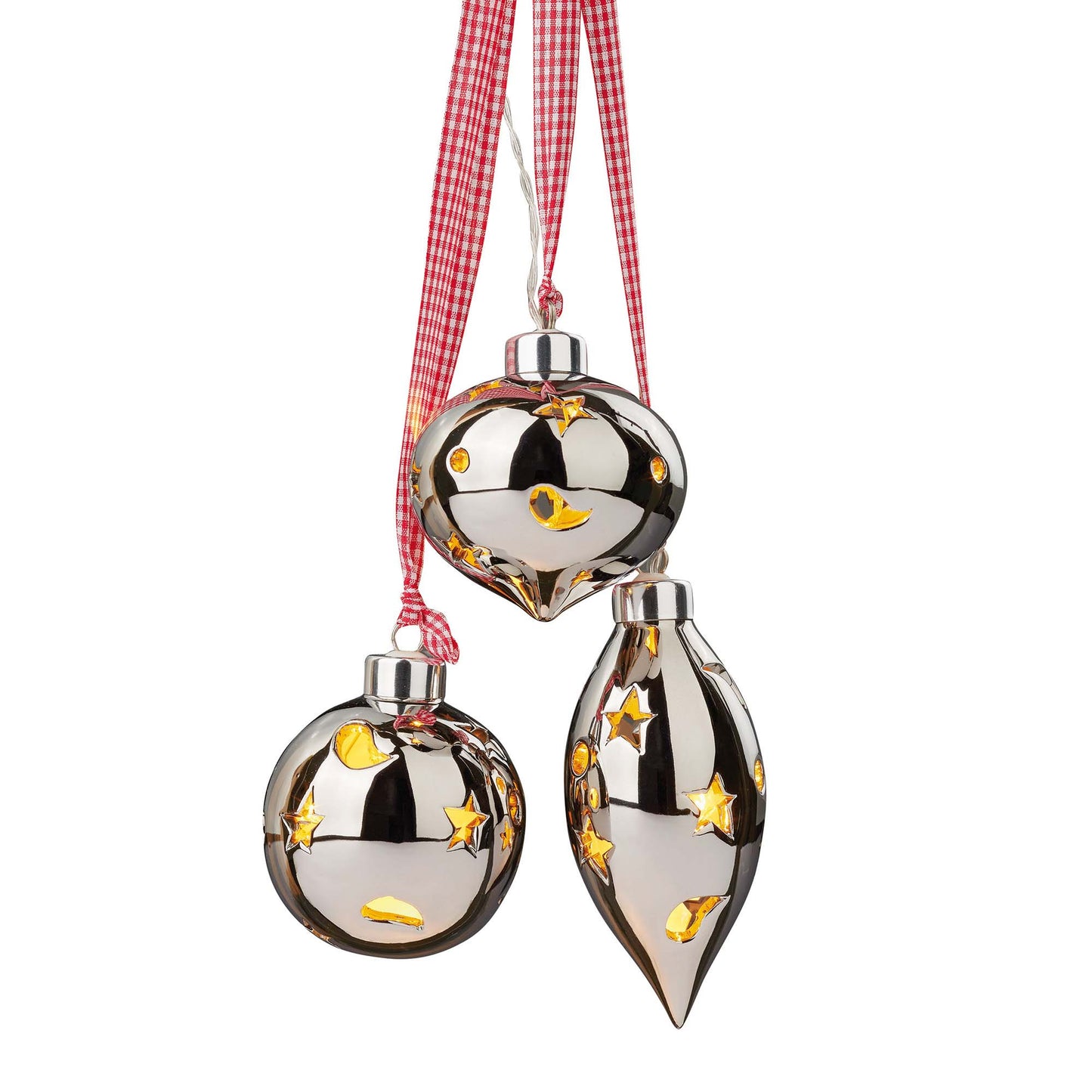 Hellum LED Keramik Aufhänger, 15 LEDs, 3er Set mit Kugeln und Tropfen, batteriebetrieben, silber 521740