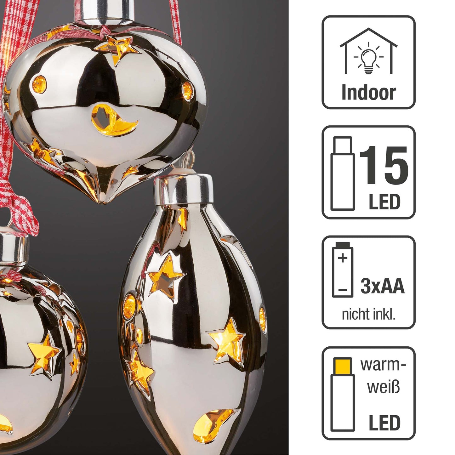 Hellum LED Keramik Aufhänger, 15 LEDs, 3er Set mit Kugeln und Tropfen, batteriebetrieben, silber 521740