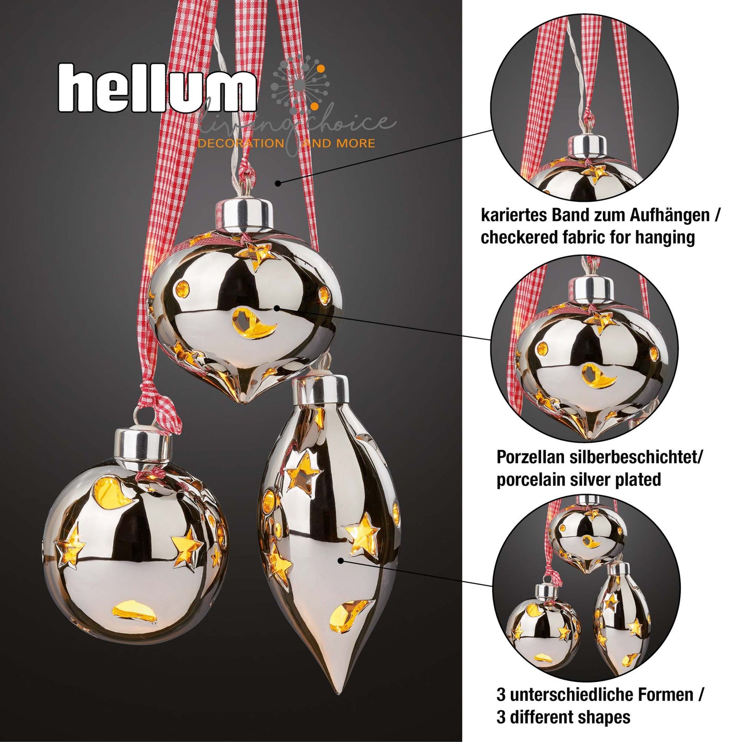 Hellum LED Keramik Aufhänger, 15 LEDs, 3er Set mit Kugeln und Tropfen, batteriebetrieben, silber 521740