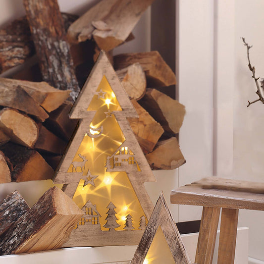 LED Holografie Holztannenbaum innen, 10 LED warmweiß, 38x25x7 cm, batteriebetrieben