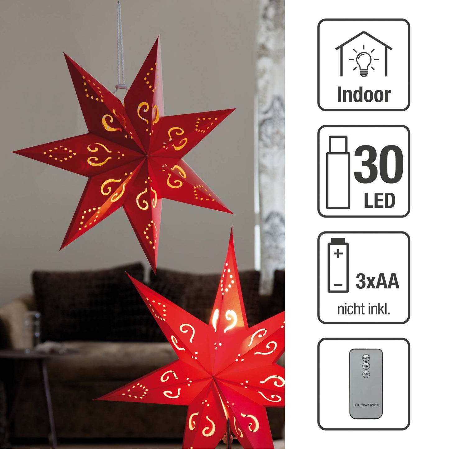 LED-Papierstern zum Aufhängen, rot, 30 LEDs ww, mit FB, batteriebetrieben