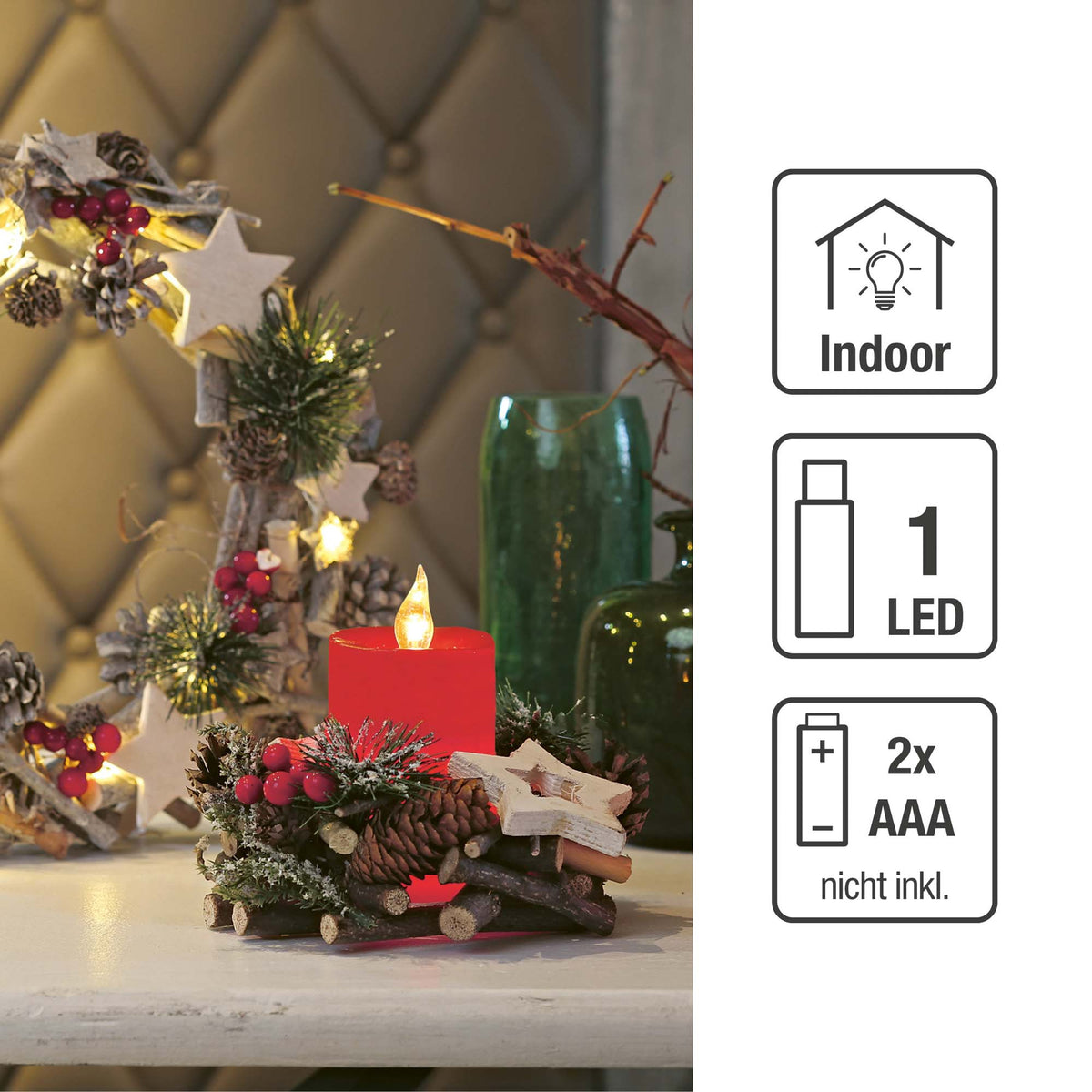 LED Kerze mit Holz-Kranz für innen, Adventskerze rot, 1 LED gelb, mit Timer, batteriebetrieben