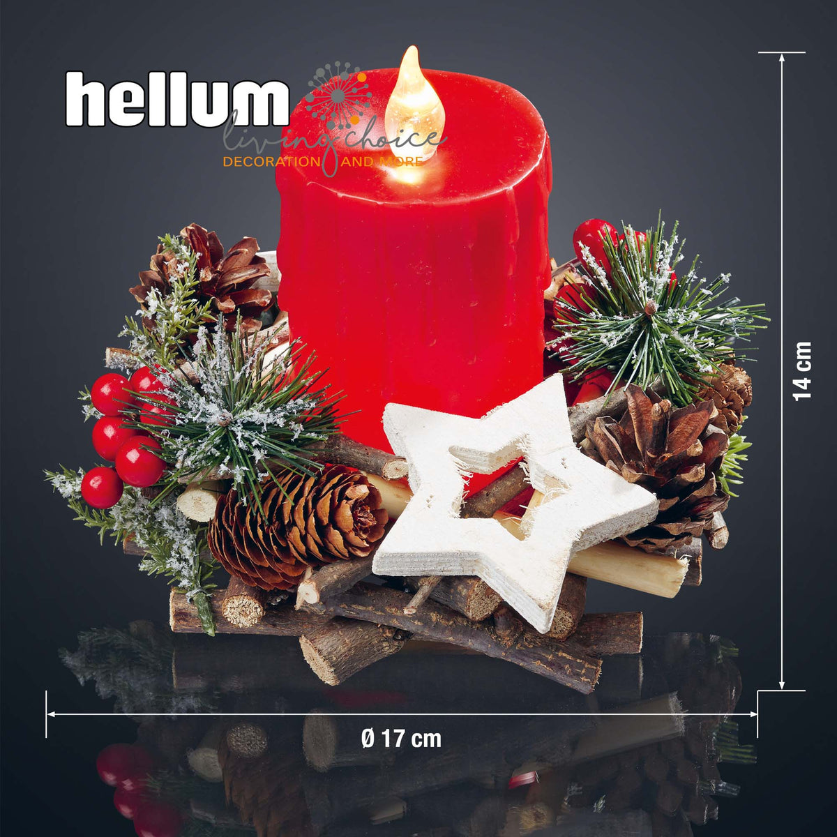 LED Kerze mit Holz-Kranz für innen, Adventskerze rot, 1 LED gelb, mit Timer, batteriebetrieben