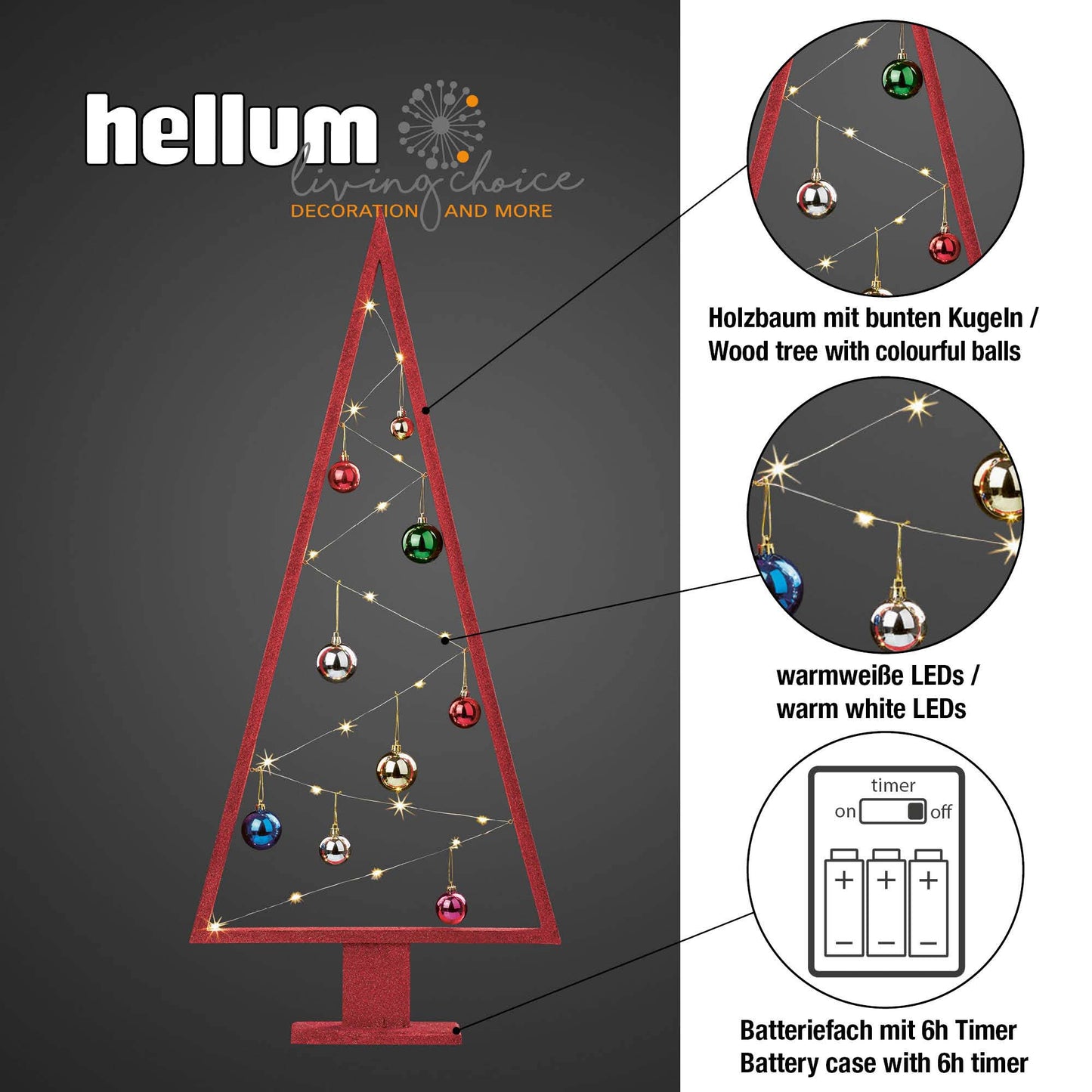 LED Pyramide, 10 LEDs ww, H: 99cm, mit Timer, batteriebetrieben