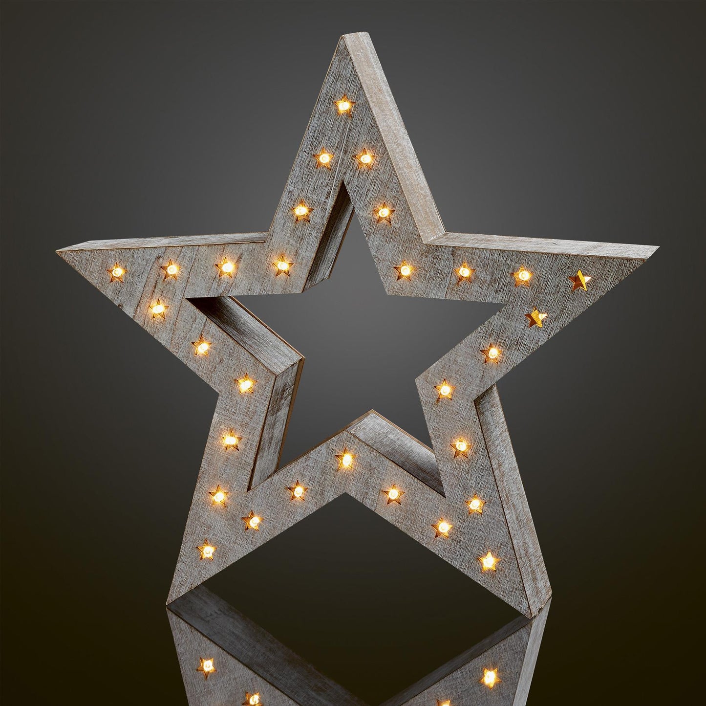 LED-Holzstern, weiß gebeizt, DIA 35cm, 30 LEDs ww, mit Timer, batteriebetrieben