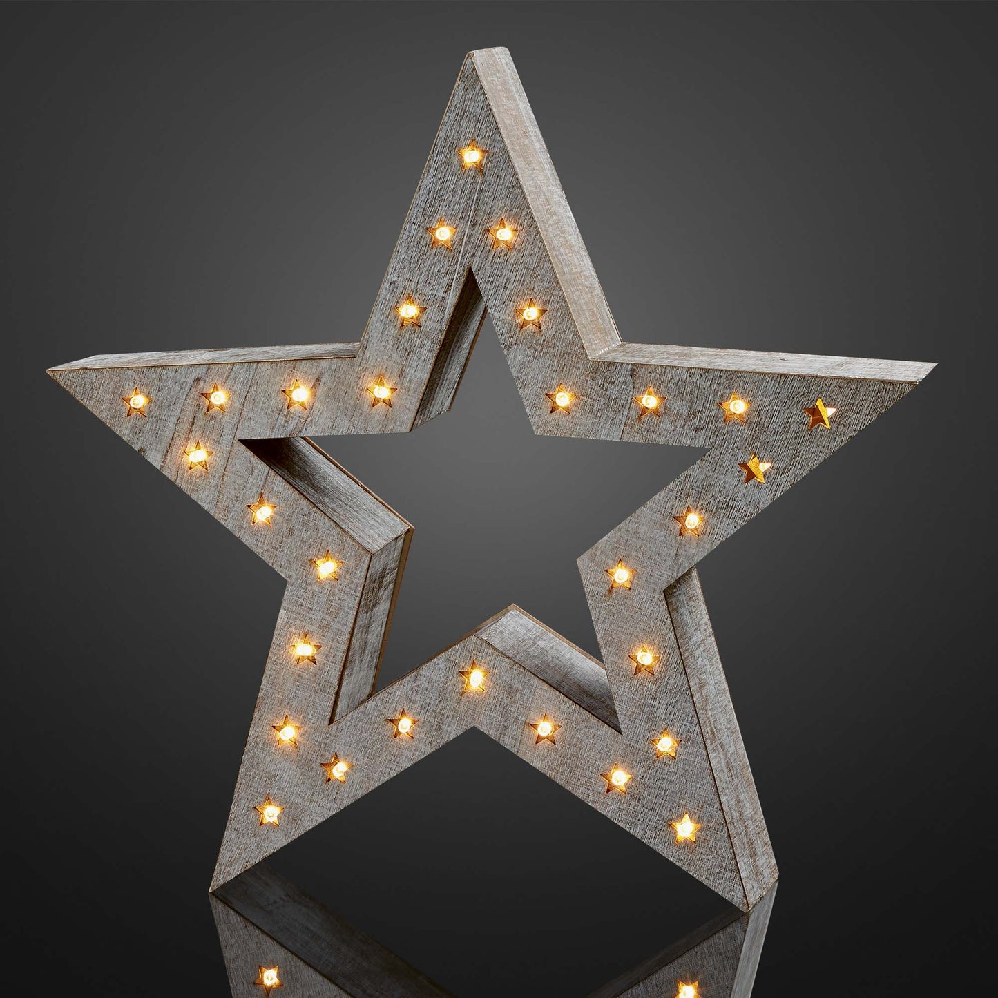 LED-Holzstern, weiß gebeizt, DIA 35cm, 30 LEDs ww, mit Timer, batteriebetrieben