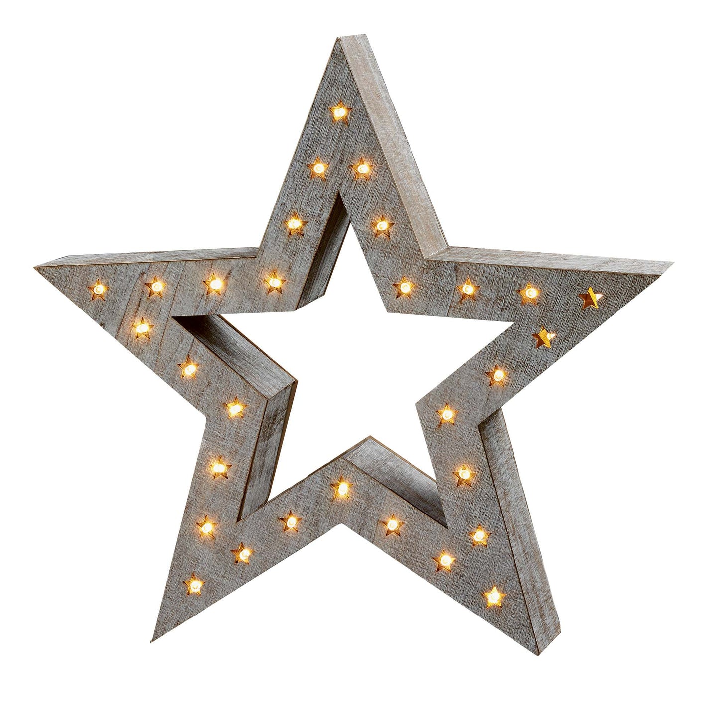 LED-Holzstern, weiß gebeizt, DIA 35cm, 30 LEDs ww, mit Timer, batteriebetrieben