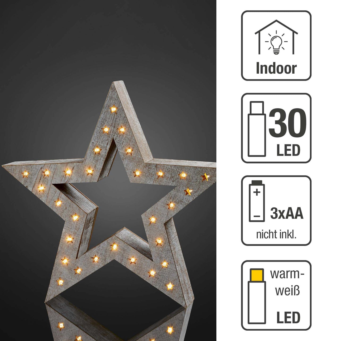 LED-Holzstern, weiß gebeizt, DIA 35cm, 30 LEDs ww, mit Timer, batteriebetrieben