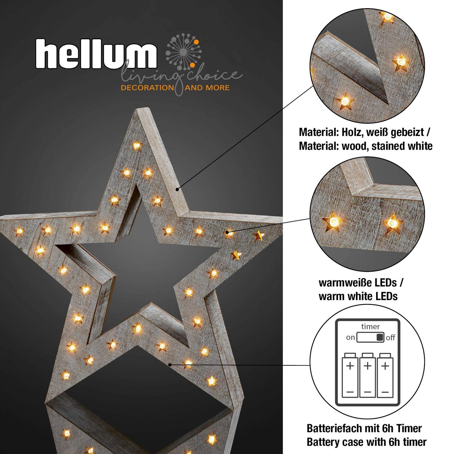 LED-Holzstern, weiß gebeizt, DIA 35cm, 30 LEDs ww, mit Timer, batteriebetrieben