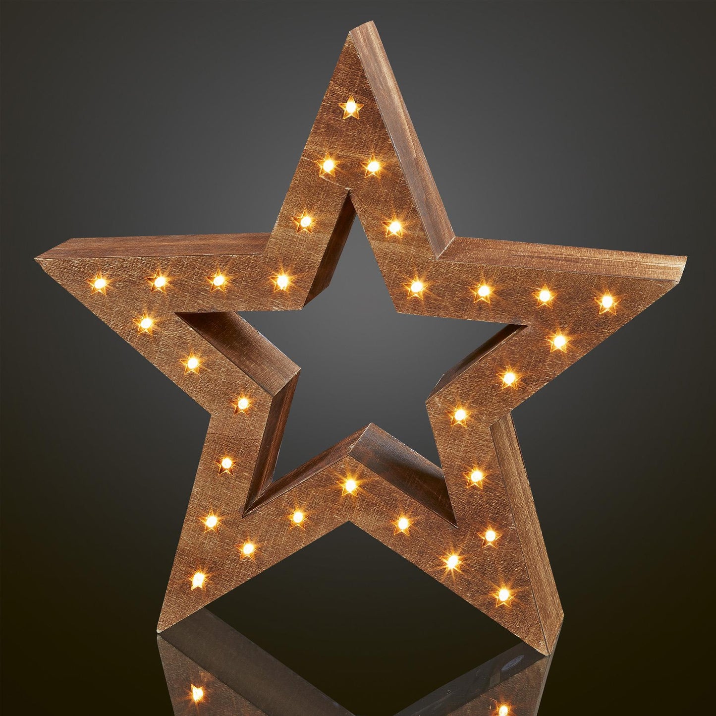 LED-Holzstern, naturfarben, DIA 35cm, 30 LEDs ww, mit Timer, batteriebetrieben