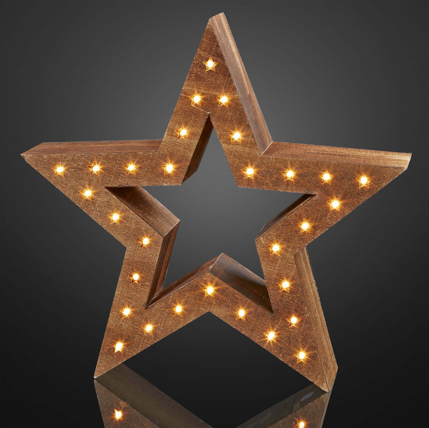 LED-Holzstern, naturfarben, DIA 35cm, 30 LEDs ww, mit Timer, batteriebetrieben