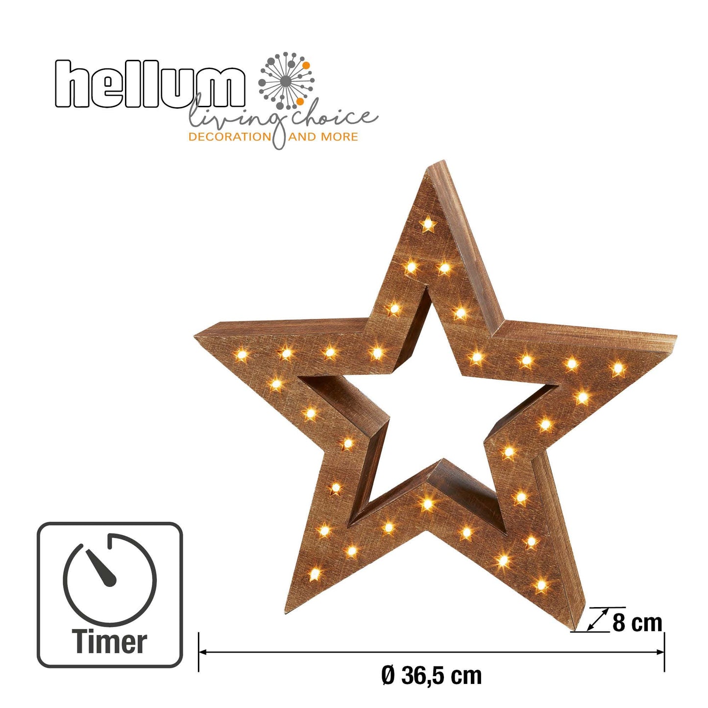 LED-Holzstern, naturfarben, DIA 35cm, 30 LEDs ww, mit Timer, batteriebetrieben