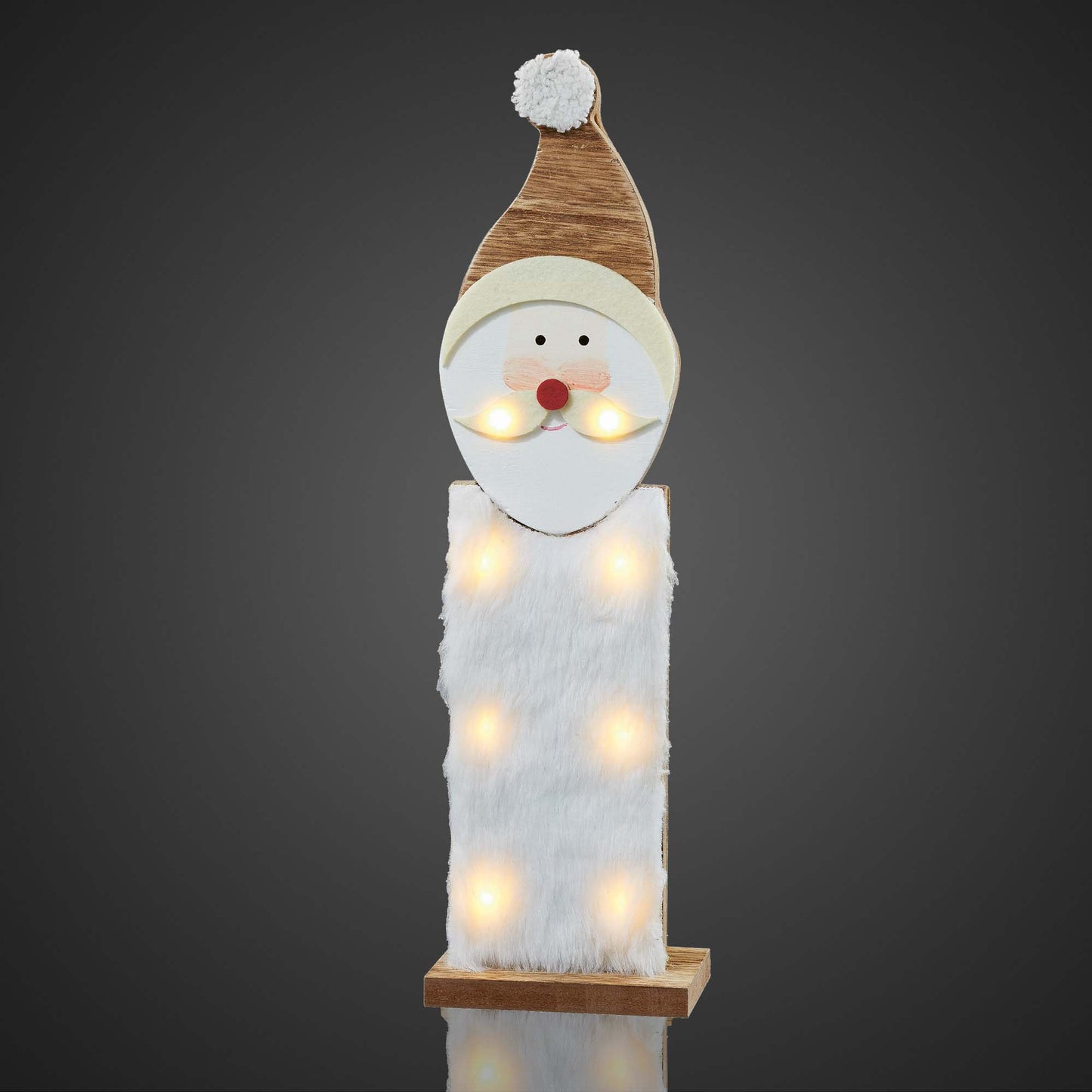 LED-Weihnachtsmann aus Holz, mit Kunstfell, 11x40cm, 8 LEDs ww, batteriebetrieben