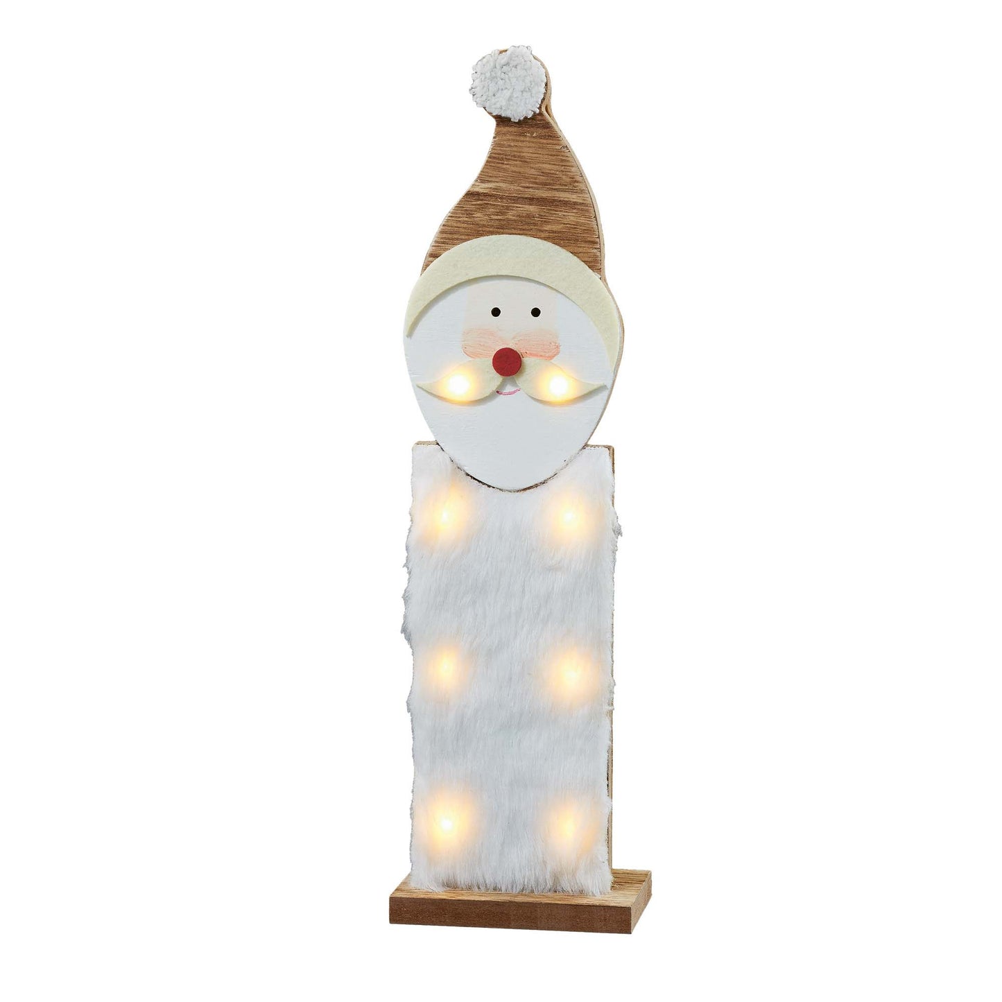 LED-Weihnachtsmann aus Holz, mit Kunstfell, 11x40cm, 8 LEDs ww, batteriebetrieben