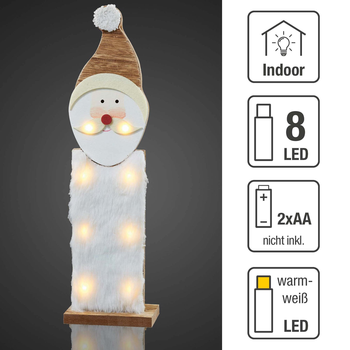 LED-Weihnachtsmann aus Holz, mit Kunstfell, 11x40cm, 8 LEDs ww, batteriebetrieben