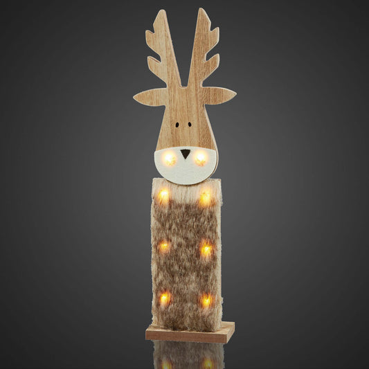 LED Rentier aus Holz mit Kunstfell, für innen, 8 LED warmweiß, 11x40 cm, batteriebetrieben