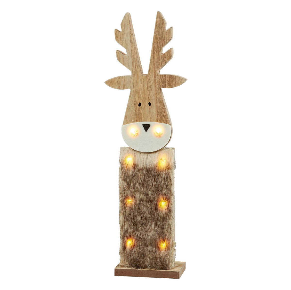 LED Rentier aus Holz mit Kunstfell, für innen, 8 LED warmweiß, 11x40 cm, batteriebetrieben