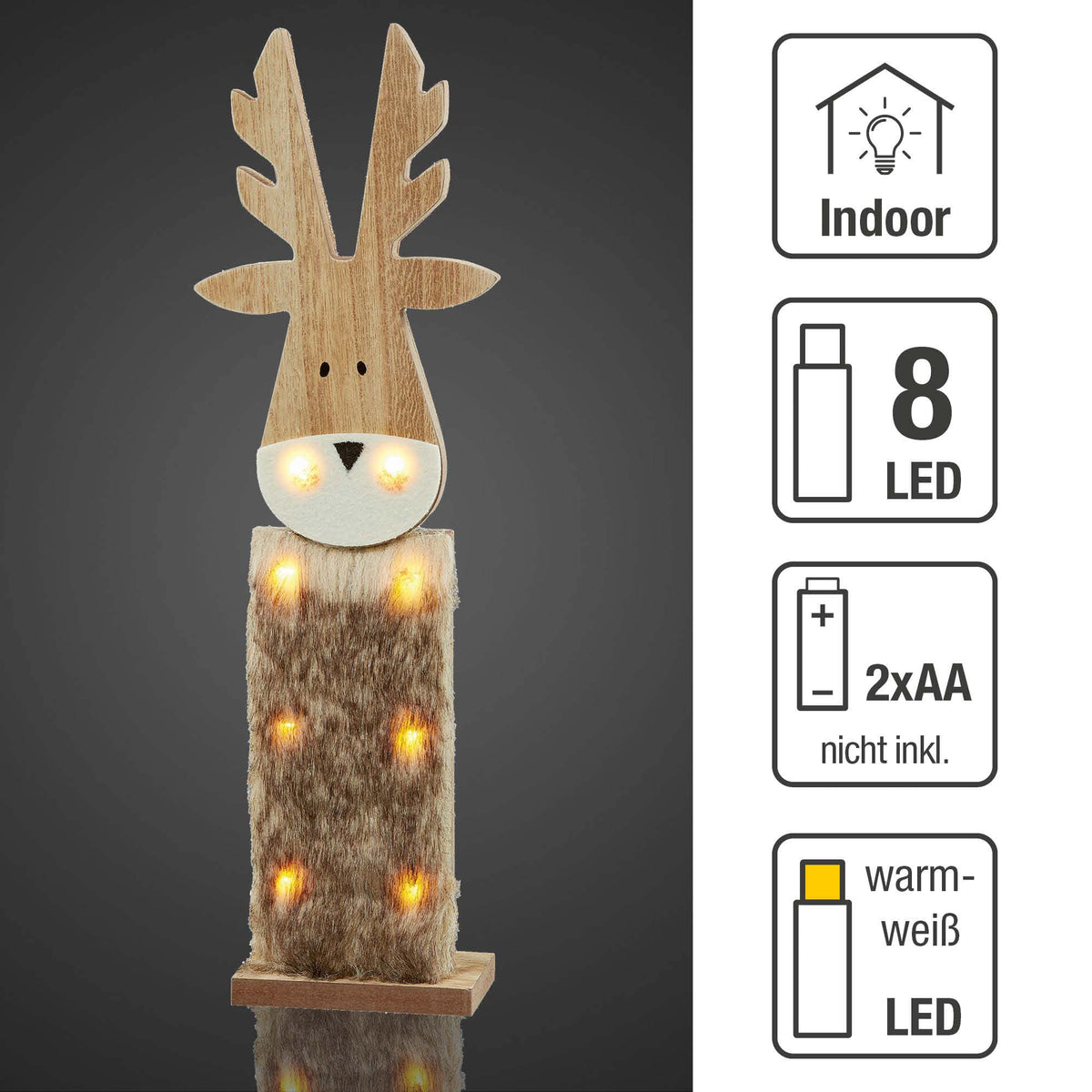 LED Rentier aus Holz mit Kunstfell, für innen, 8 LED warmweiß, 11x40 cm, batteriebetrieben
