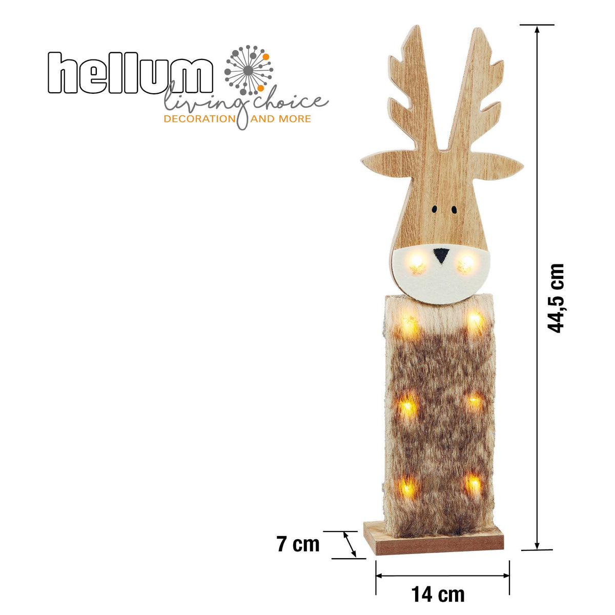 LED Rentier aus Holz mit Kunstfell, für innen, 8 LED warmweiß, 11x40 cm, batteriebetrieben