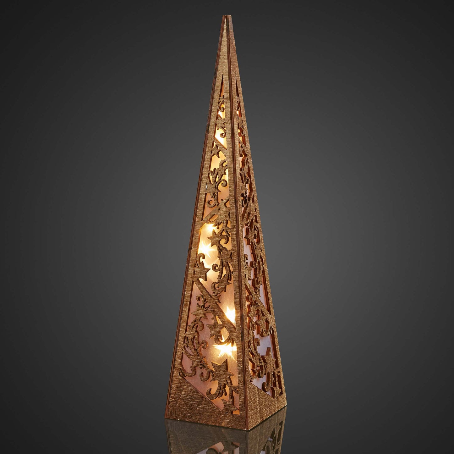 LED-Pyramide aus Holz, natur H: 57cm, 10 LEDs ww, batteriebetrieben mit Timer