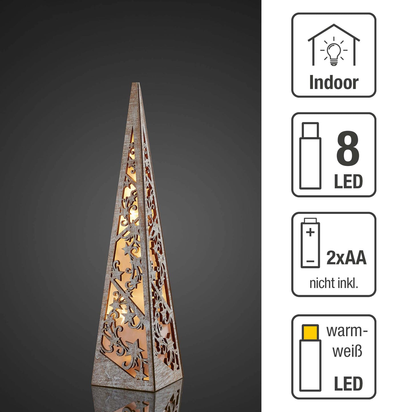 LED-Pyramide aus Holz, weiß gebeizt H: 45cm, 8 LEDs ww, mit Timer, batteriebetrieben